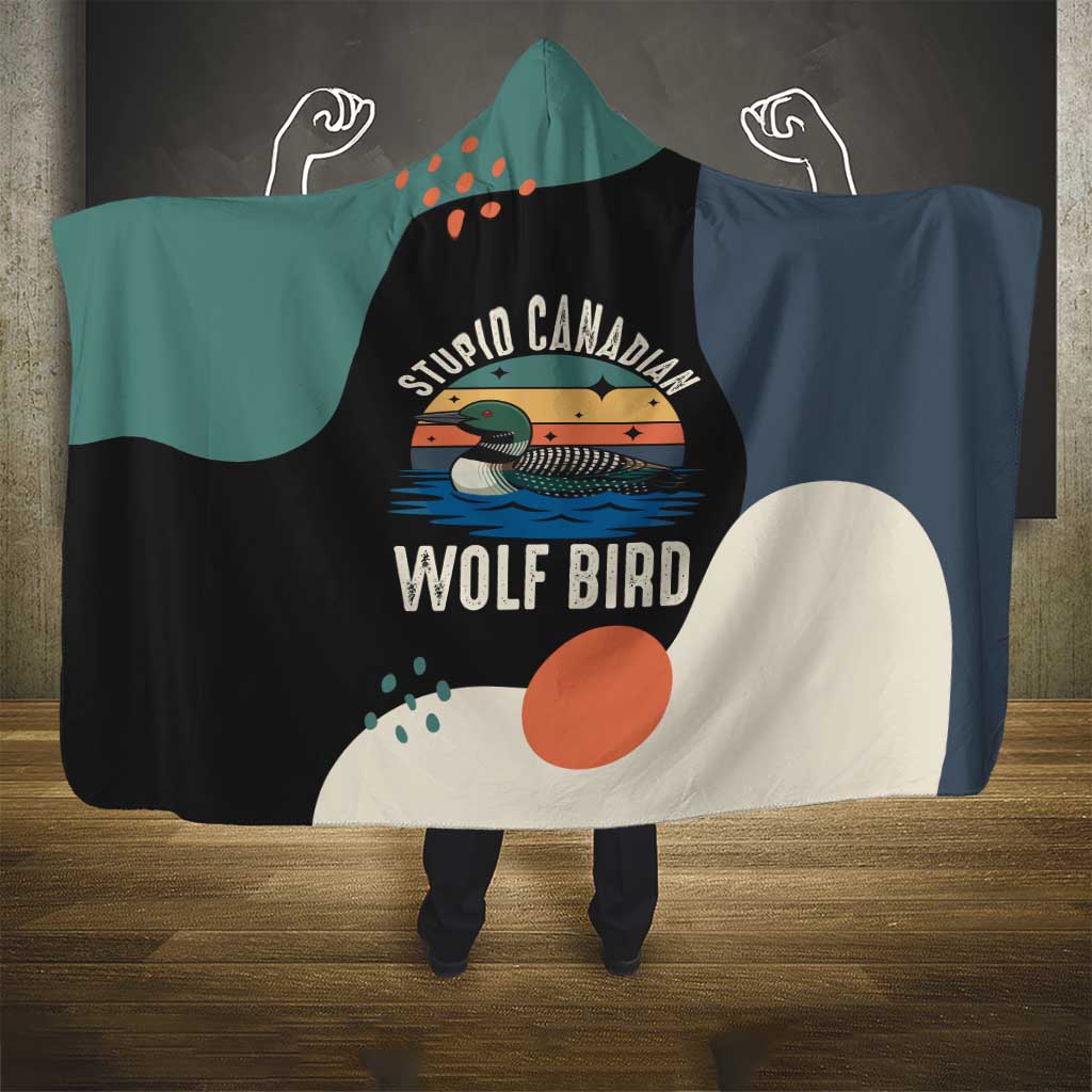 Stupid Canadian Wolf Bird Hooded Blanket with Retro Sunset Stripe Pattern