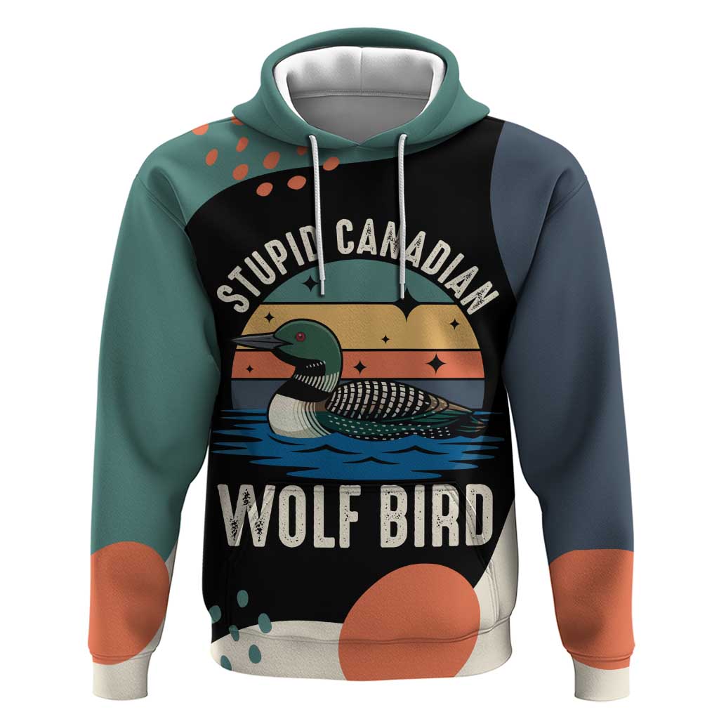 Stupid Canadian Wolf Bird Hoodie with Retro Sunset Stripe Pattern