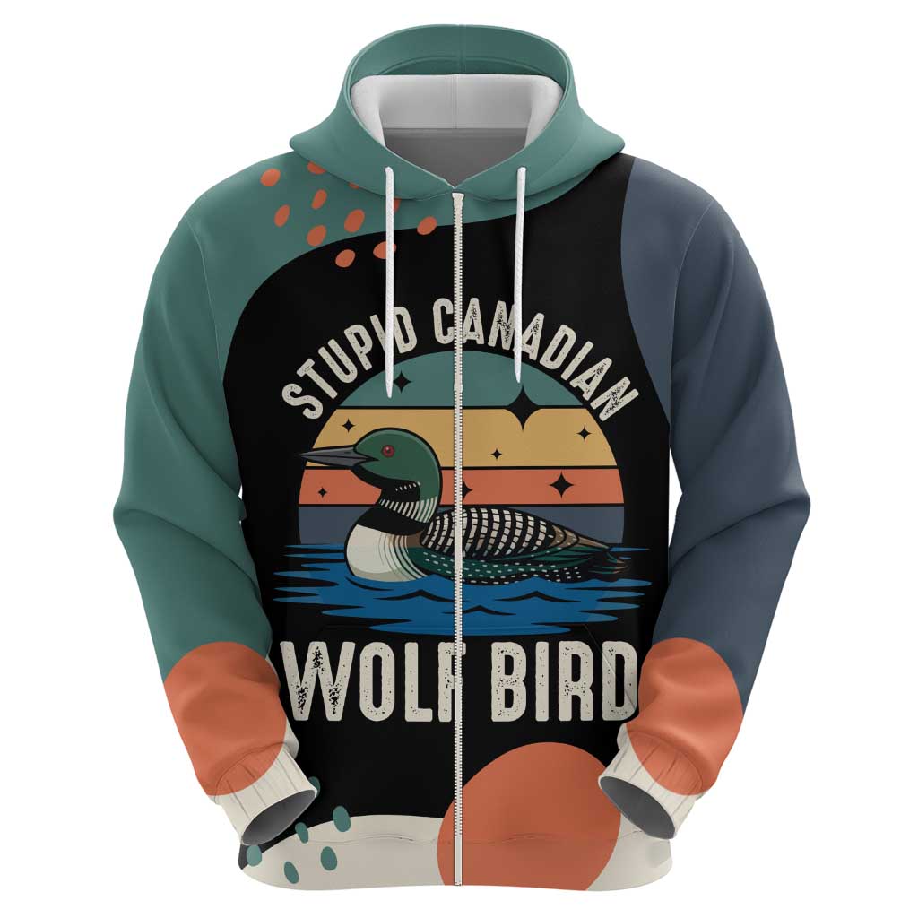 Stupid Canadian Wolf Bird Hoodie with Retro Sunset Stripe Pattern