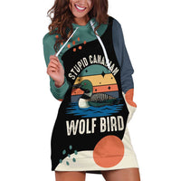 Stupid Canadian Wolf Bird Hoodie Dress with Retro Sunset Stripe Pattern