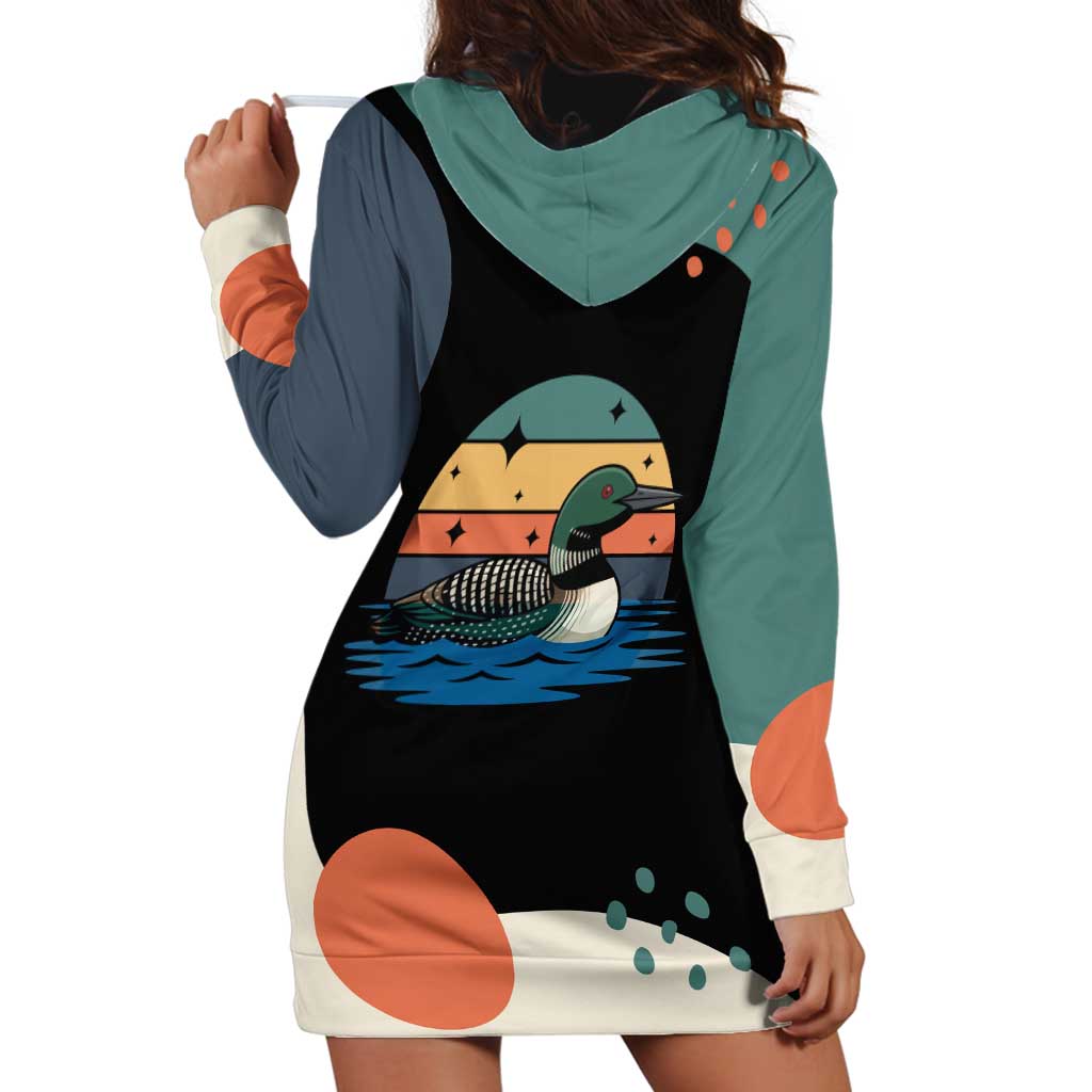 Stupid Canadian Wolf Bird Hoodie Dress with Retro Sunset Stripe Pattern