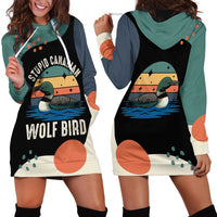 Stupid Canadian Wolf Bird Hoodie Dress with Retro Sunset Stripe Pattern
