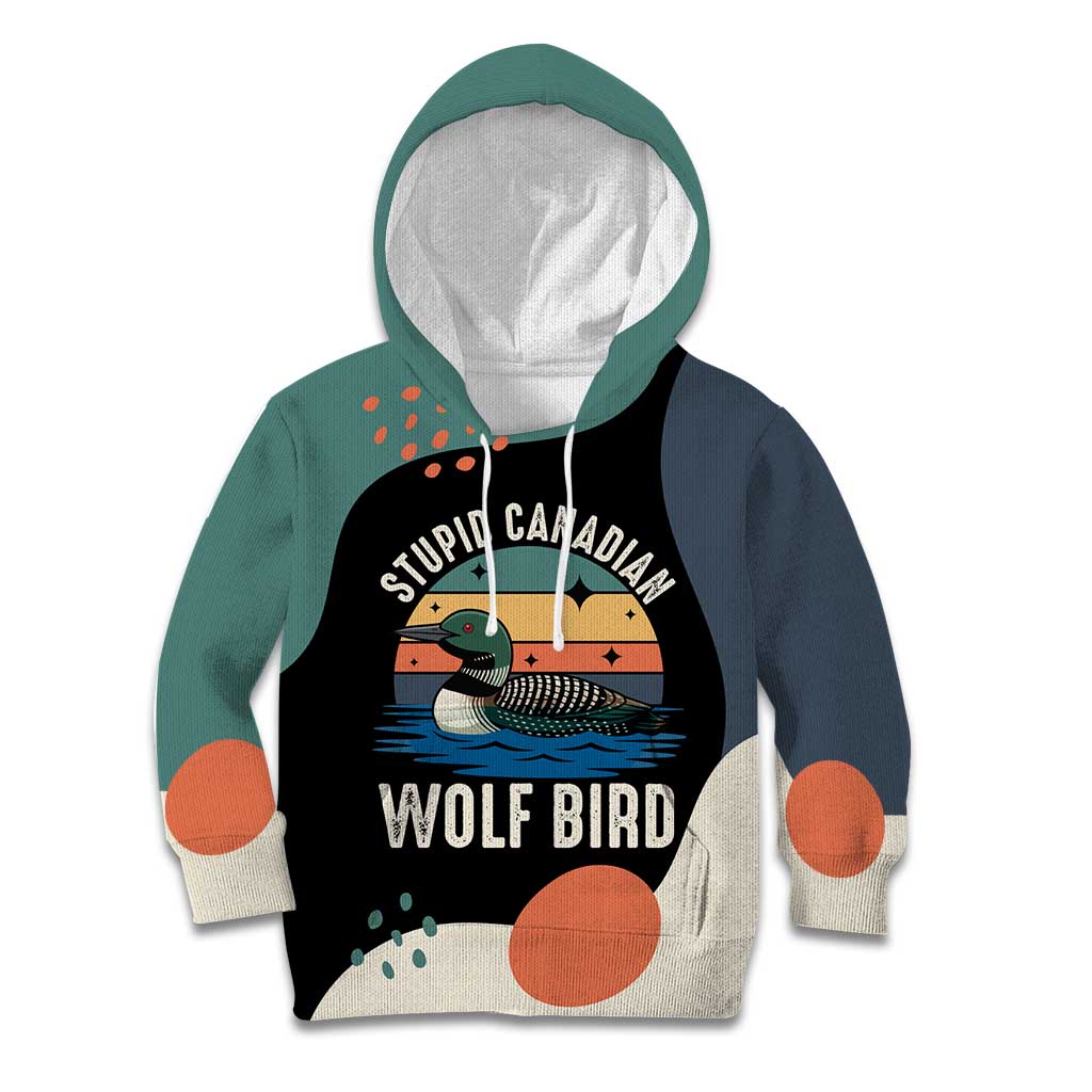 Stupid Canadian Wolf Bird Kid Hoodie with Retro Sunset Stripe Pattern