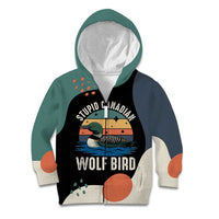 Stupid Canadian Wolf Bird Kid Hoodie with Retro Sunset Stripe Pattern