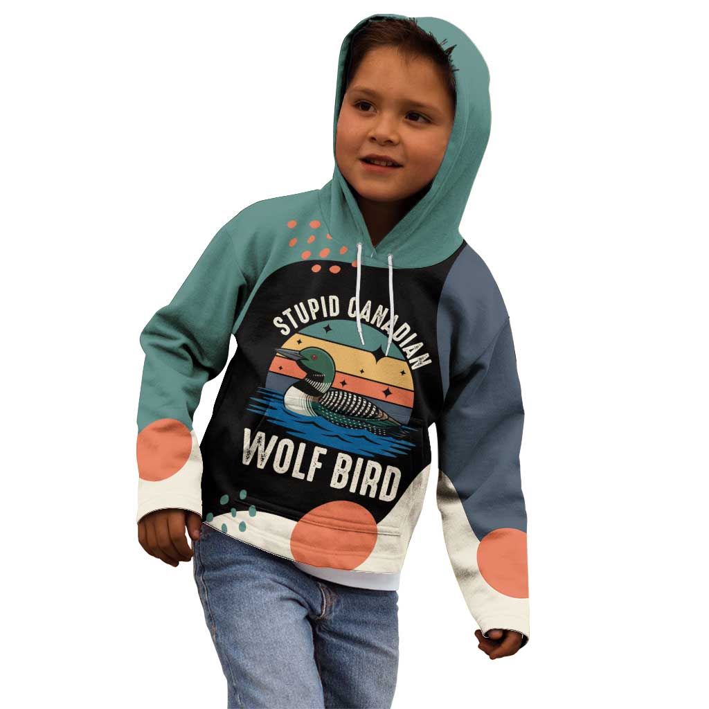 Stupid Canadian Wolf Bird Kid Hoodie with Retro Sunset Stripe Pattern