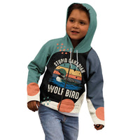 Stupid Canadian Wolf Bird Kid Hoodie with Retro Sunset Stripe Pattern