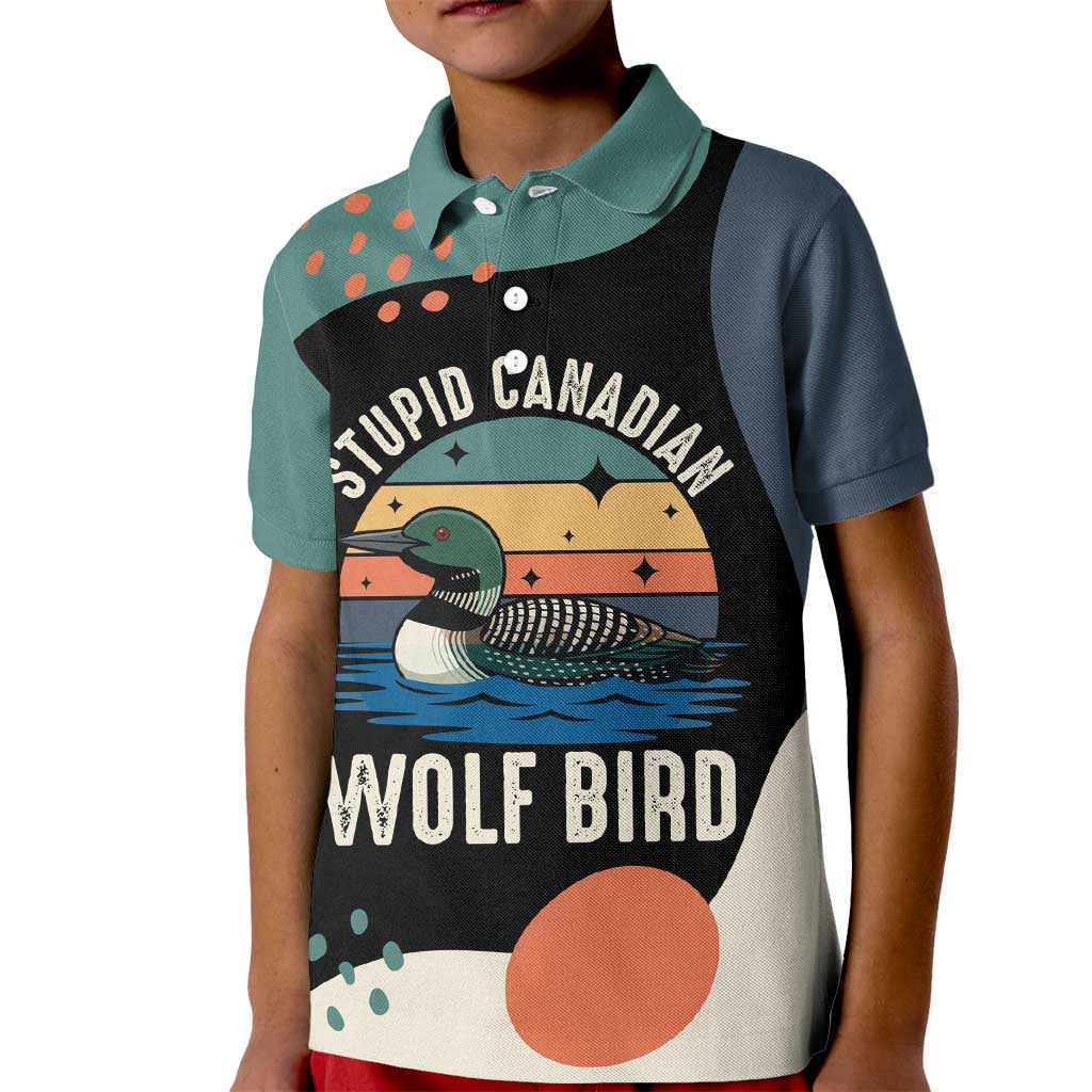 Stupid Canadian Wolf Bird Kid Polo Shirt with Retro Sunset Stripe Pattern