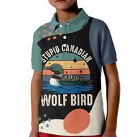 Stupid Canadian Wolf Bird Kid Polo Shirt with Retro Sunset Stripe Pattern