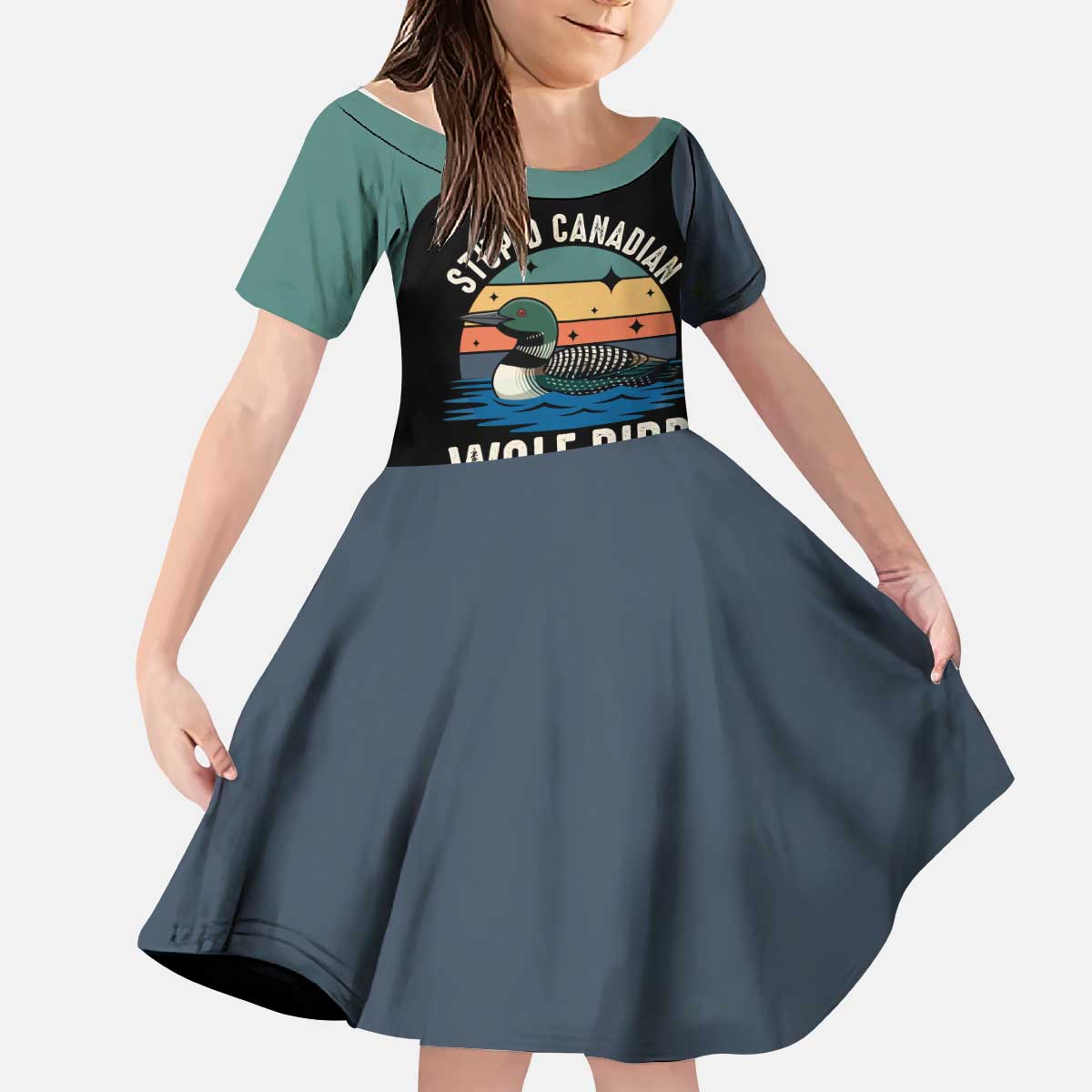 Stupid Canadian Wolf Bird Kid Short Sleeve Dress with Retro Sunset Stripe Pattern
