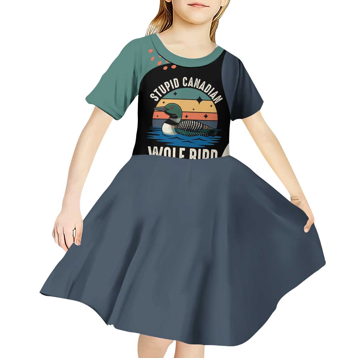 Stupid Canadian Wolf Bird Kid Short Sleeve Dress with Retro Sunset Stripe Pattern