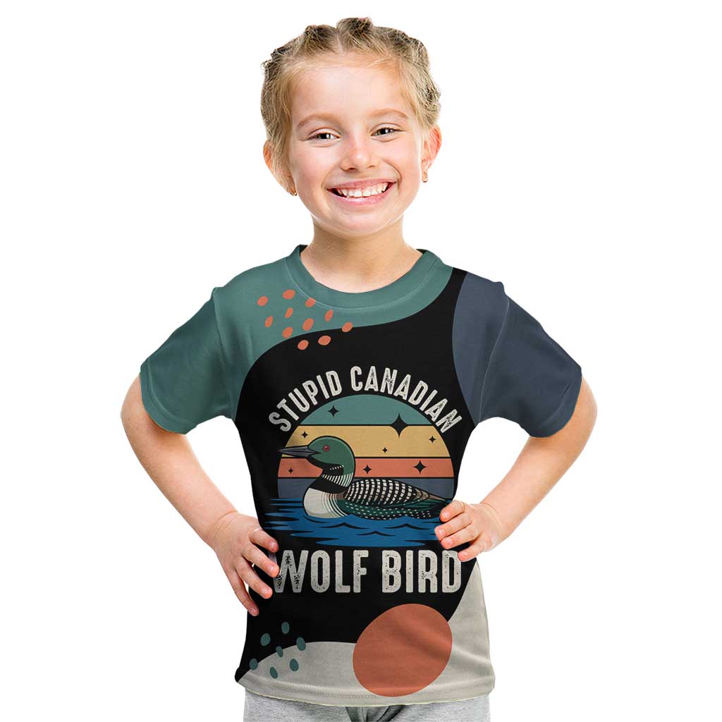Stupid Canadian Wolf Bird Kid T Shirt with Retro Sunset Stripe Pattern