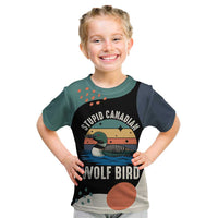 Stupid Canadian Wolf Bird Kid T Shirt with Retro Sunset Stripe Pattern