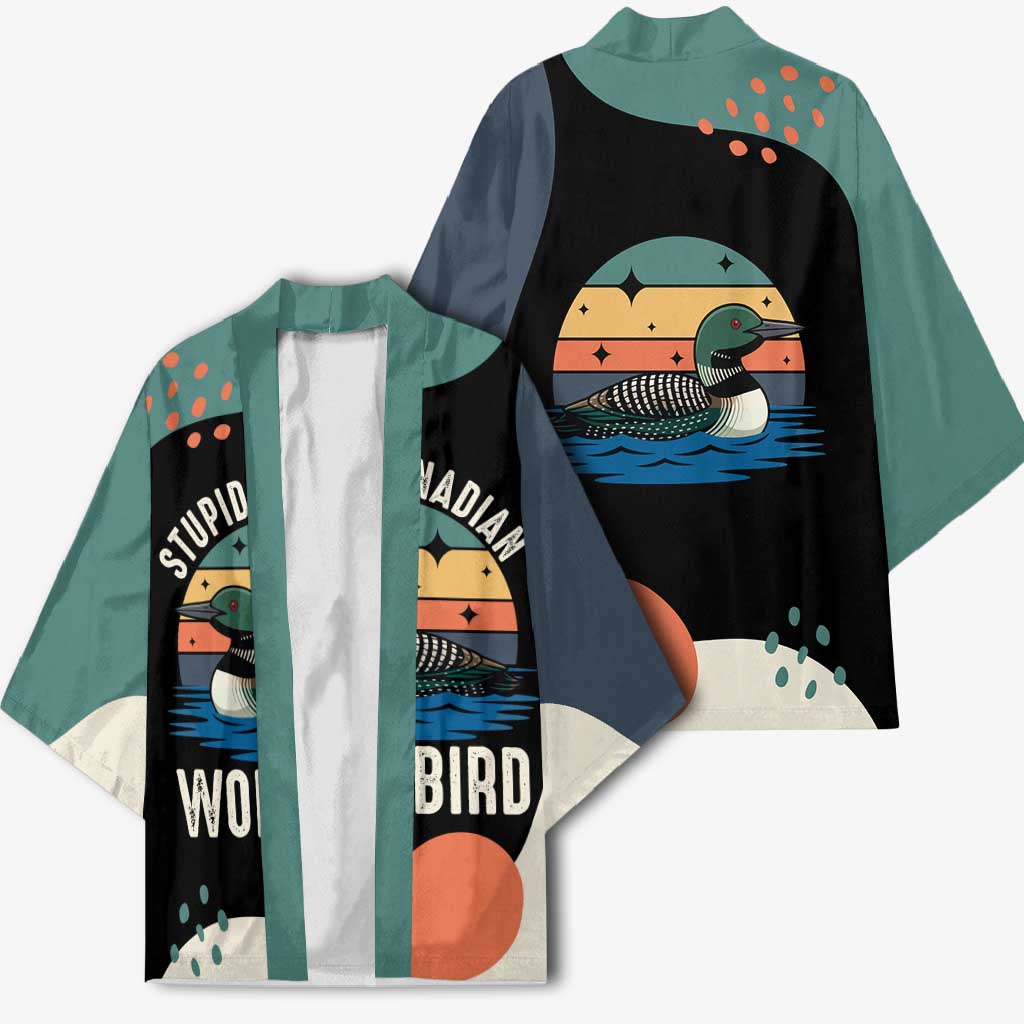 Stupid Canadian Wolf Bird Kimono with Retro Sunset Stripe Pattern