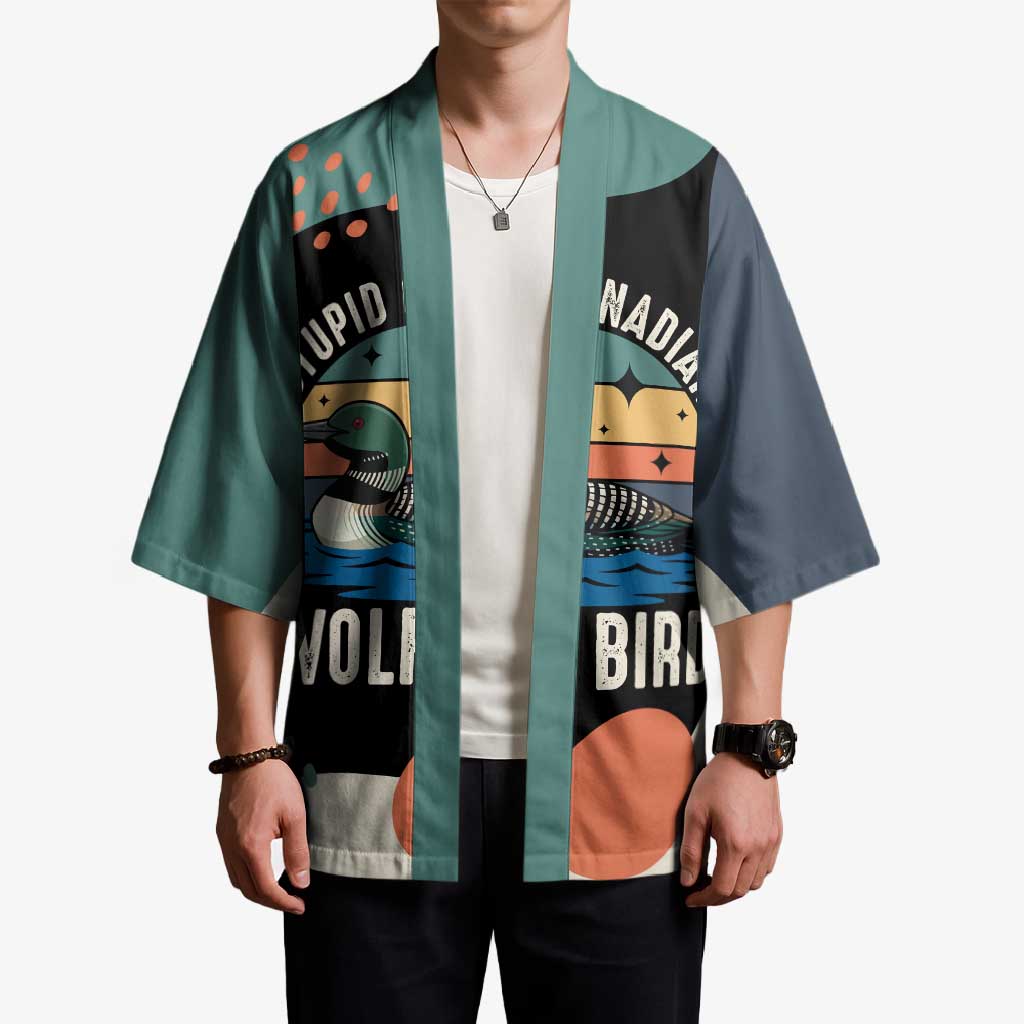 Stupid Canadian Wolf Bird Kimono with Retro Sunset Stripe Pattern