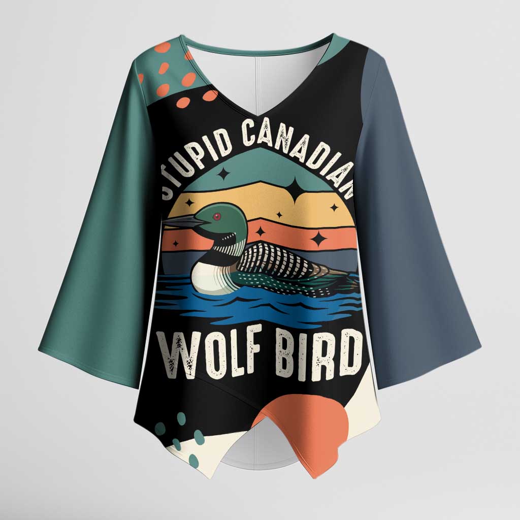 Stupid Canadian Wolf Bird Kimono Sleeve Blouse with Retro Sunset Stripe Pattern