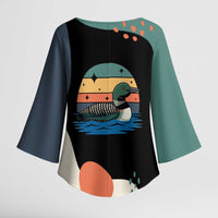 Stupid Canadian Wolf Bird Kimono Sleeve Blouse with Retro Sunset Stripe Pattern