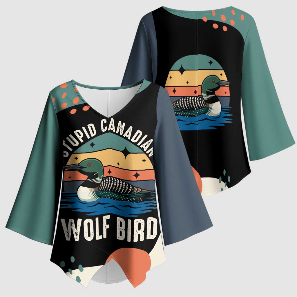 Stupid Canadian Wolf Bird Kimono Sleeve Blouse with Retro Sunset Stripe Pattern