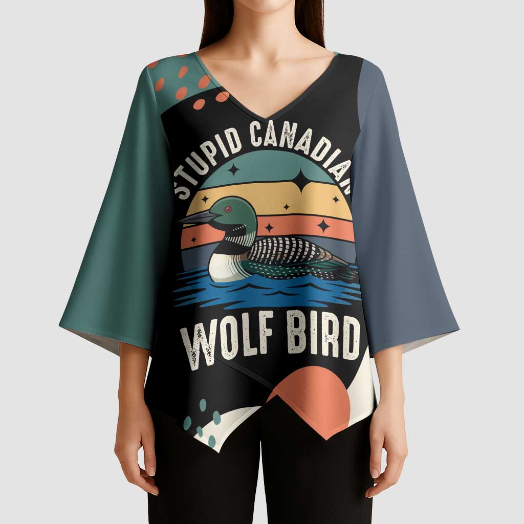 Stupid Canadian Wolf Bird Kimono Sleeve Blouse with Retro Sunset Stripe Pattern