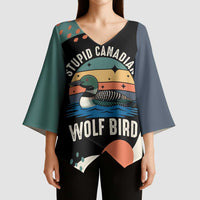 Stupid Canadian Wolf Bird Kimono Sleeve Blouse with Retro Sunset Stripe Pattern