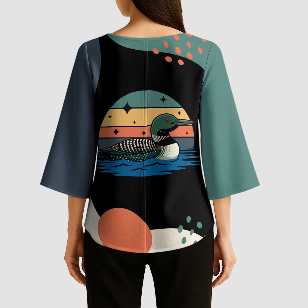 Stupid Canadian Wolf Bird Kimono Sleeve Blouse with Retro Sunset Stripe Pattern