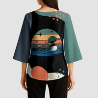 Stupid Canadian Wolf Bird Kimono Sleeve Blouse with Retro Sunset Stripe Pattern