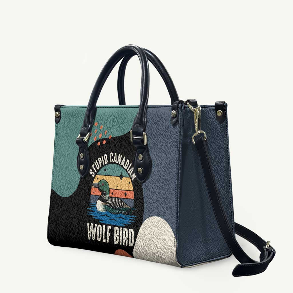 Stupid Canadian Wolf Bird Leather Bag with Retro Sunset Stripe Pattern