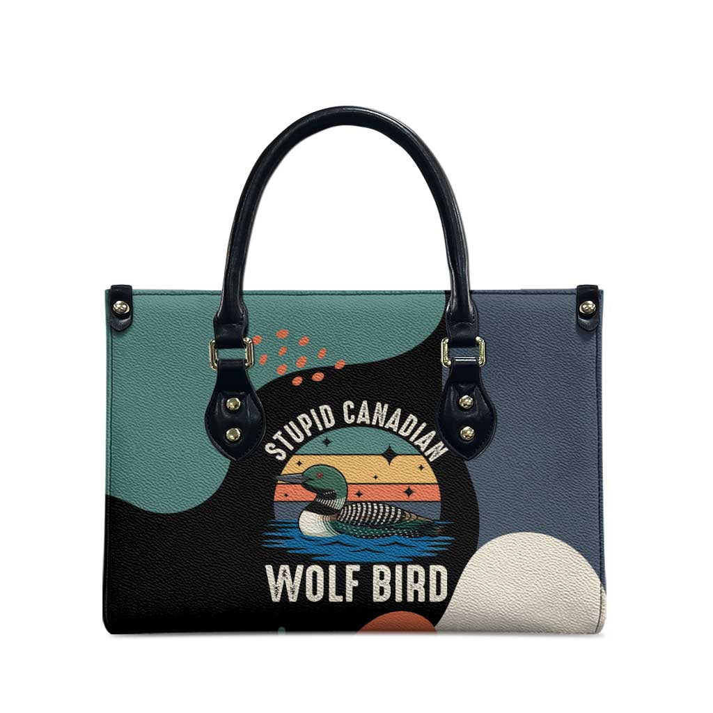 Stupid Canadian Wolf Bird Leather Bag with Retro Sunset Stripe Pattern