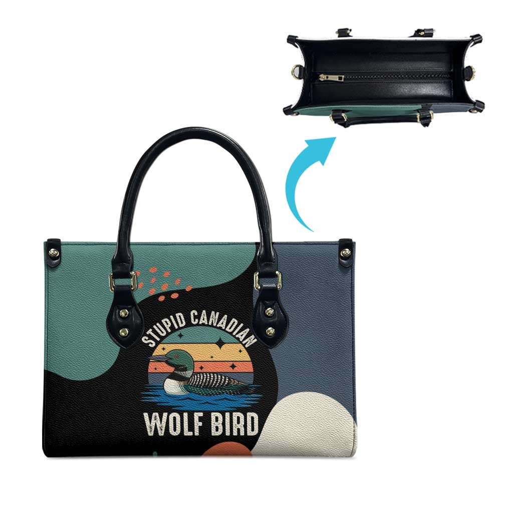Stupid Canadian Wolf Bird Leather Bag with Retro Sunset Stripe Pattern