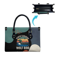 Stupid Canadian Wolf Bird Leather Bag with Retro Sunset Stripe Pattern