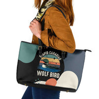 Stupid Canadian Wolf Bird Leather Tote Bag with Retro Sunset Stripe Pattern
