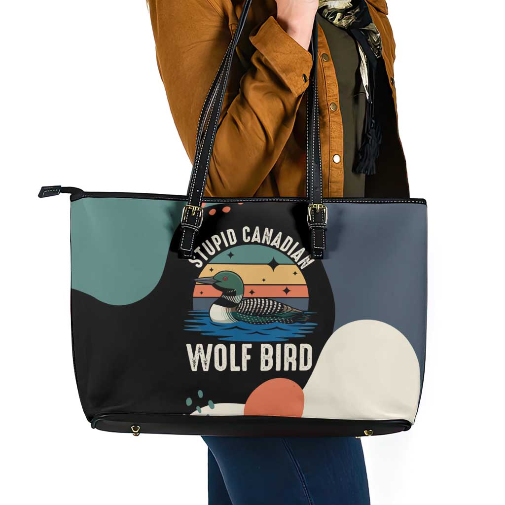 Stupid Canadian Wolf Bird Leather Tote Bag with Retro Sunset Stripe Pattern