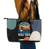 Stupid Canadian Wolf Bird Leather Tote Bag with Retro Sunset Stripe Pattern