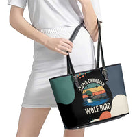Stupid Canadian Wolf Bird Leather Tote Bag with Retro Sunset Stripe Pattern