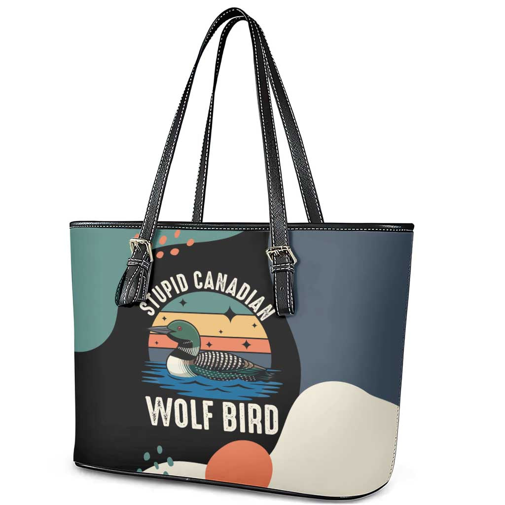 Stupid Canadian Wolf Bird Leather Tote Bag with Retro Sunset Stripe Pattern