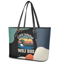 Stupid Canadian Wolf Bird Leather Tote Bag with Retro Sunset Stripe Pattern