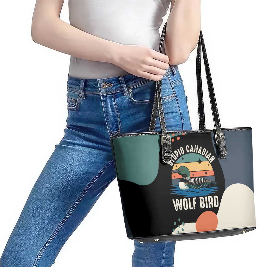 Stupid Canadian Wolf Bird Leather Tote Bag with Retro Sunset Stripe Pattern