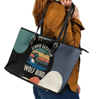 Stupid Canadian Wolf Bird Leather Tote Bag with Retro Sunset Stripe Pattern