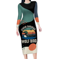 Stupid Canadian Wolf Bird Long Sleeve Bodycon Dress with Retro Sunset Stripe Pattern