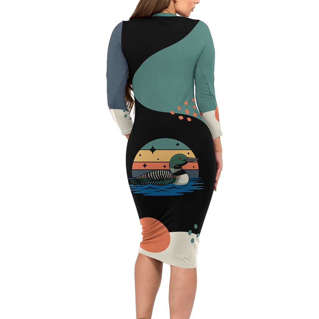 Stupid Canadian Wolf Bird Long Sleeve Bodycon Dress with Retro Sunset Stripe Pattern