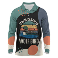 Stupid Canadian Wolf Bird Long Sleeve Polo Shirt with Retro Sunset Stripe Pattern