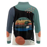 Stupid Canadian Wolf Bird Long Sleeve Polo Shirt with Retro Sunset Stripe Pattern