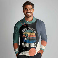Stupid Canadian Wolf Bird Long Sleeve Polo Shirt with Retro Sunset Stripe Pattern
