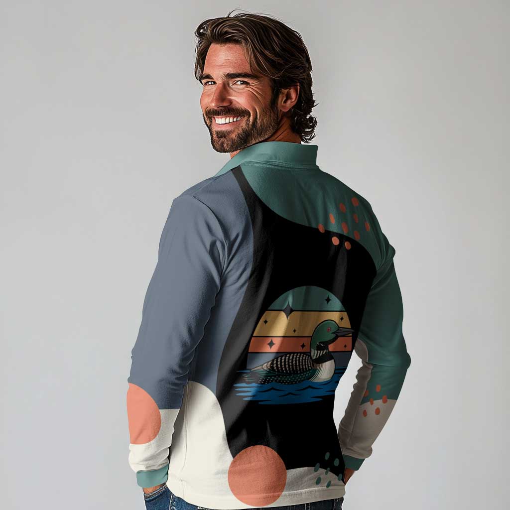 Stupid Canadian Wolf Bird Long Sleeve Polo Shirt with Retro Sunset Stripe Pattern