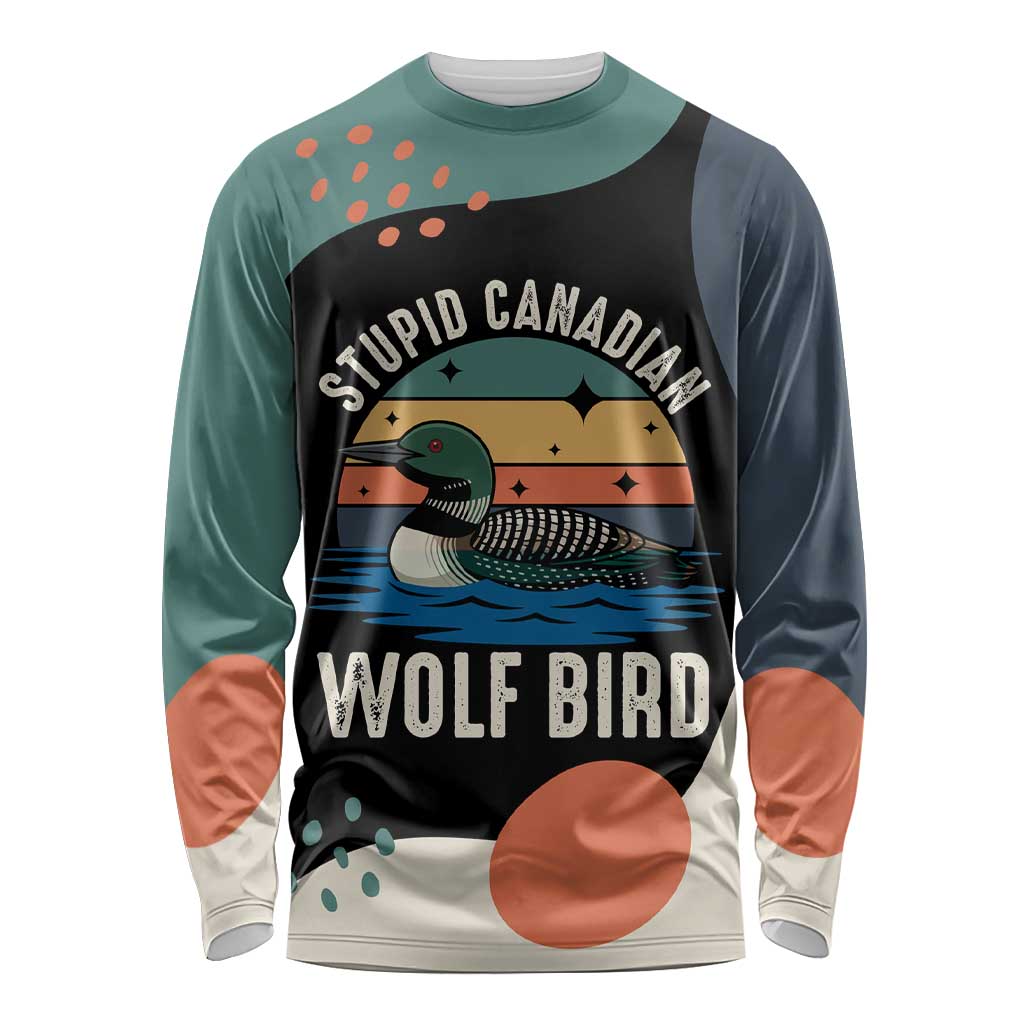 Stupid Canadian Wolf Bird Long Sleeve Shirt with Retro Sunset Stripe Pattern
