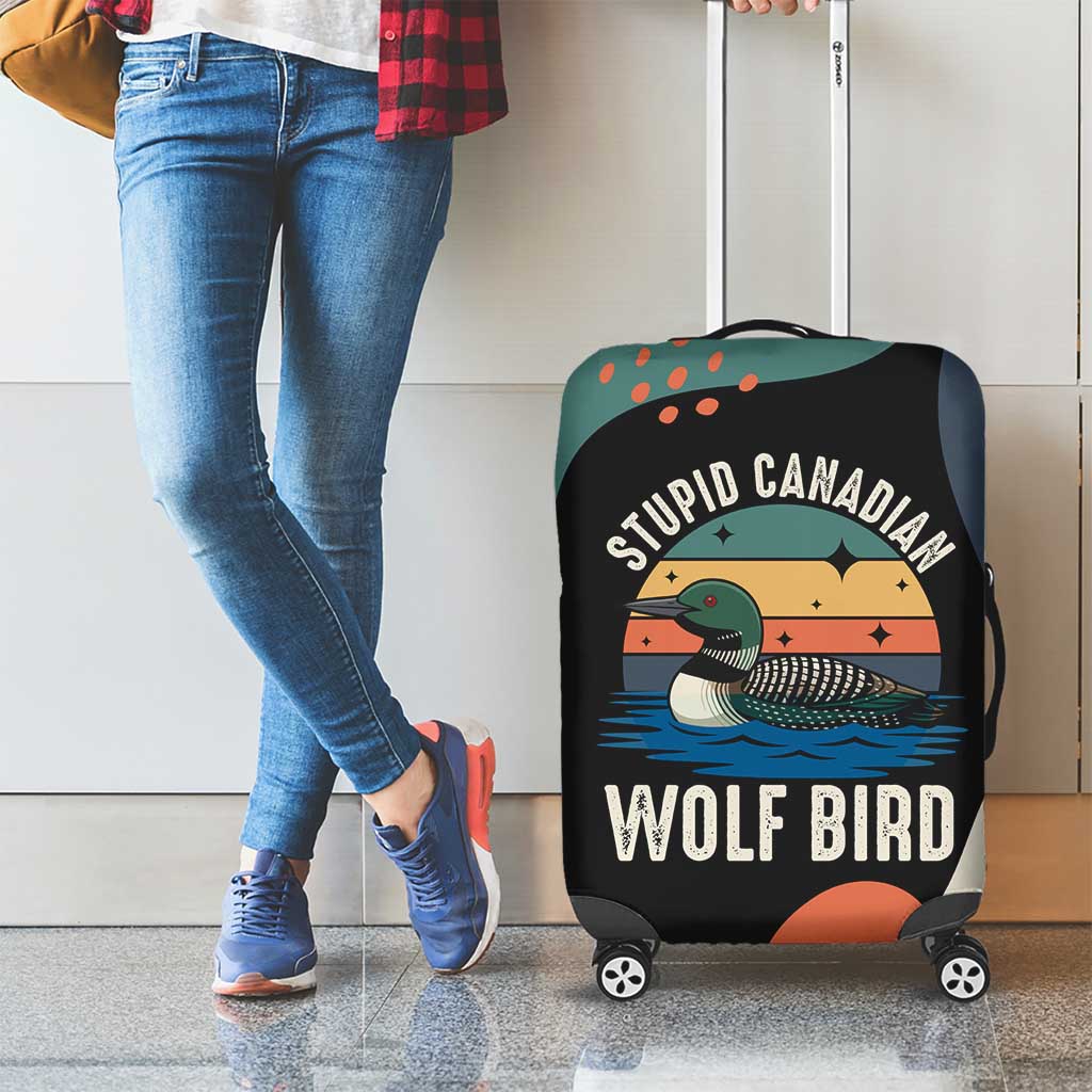 Stupid Canadian Wolf Bird Luggage Cover with Retro Sunset Stripe Pattern