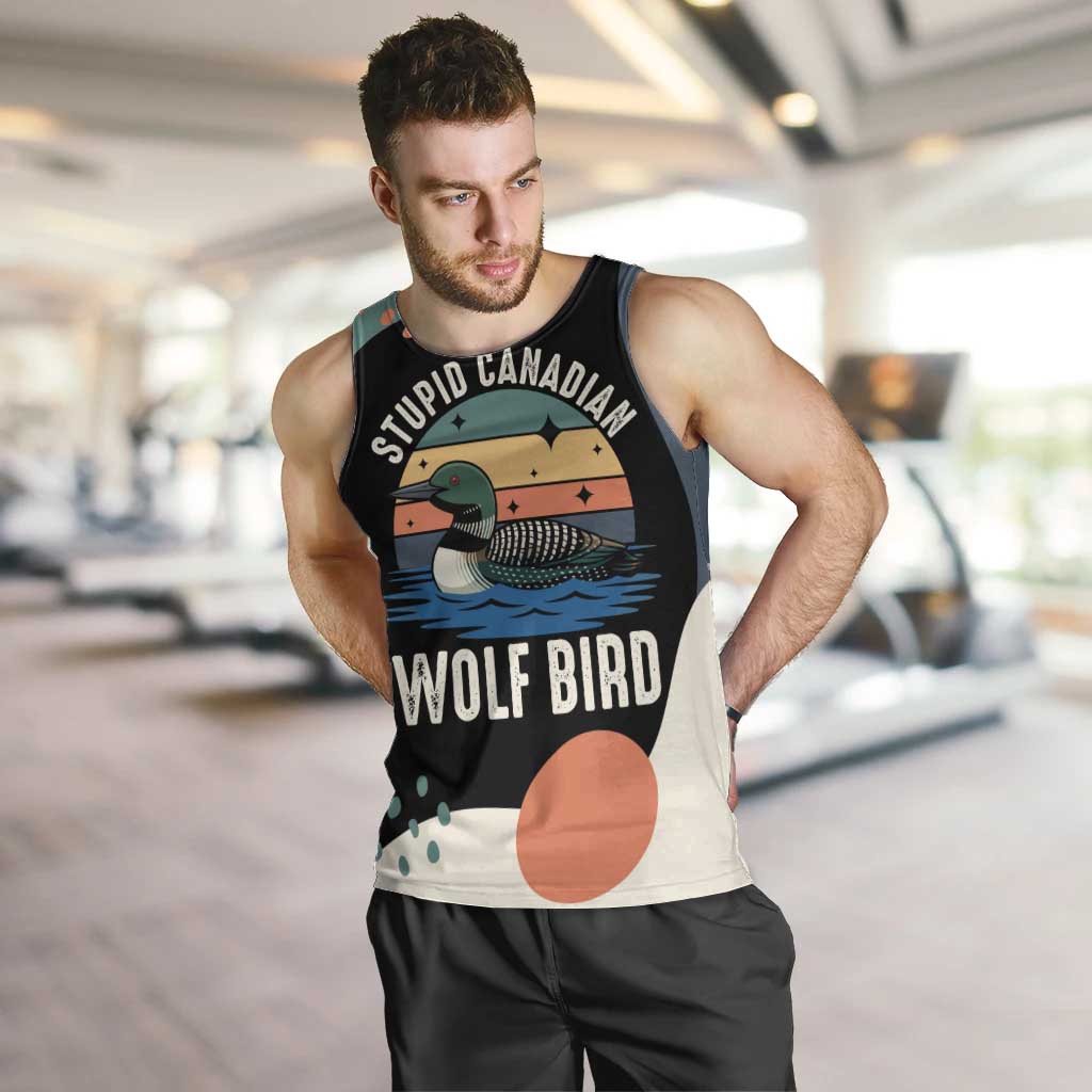Stupid Canadian Wolf Bird Men Tank Top with Retro Sunset Stripe Pattern