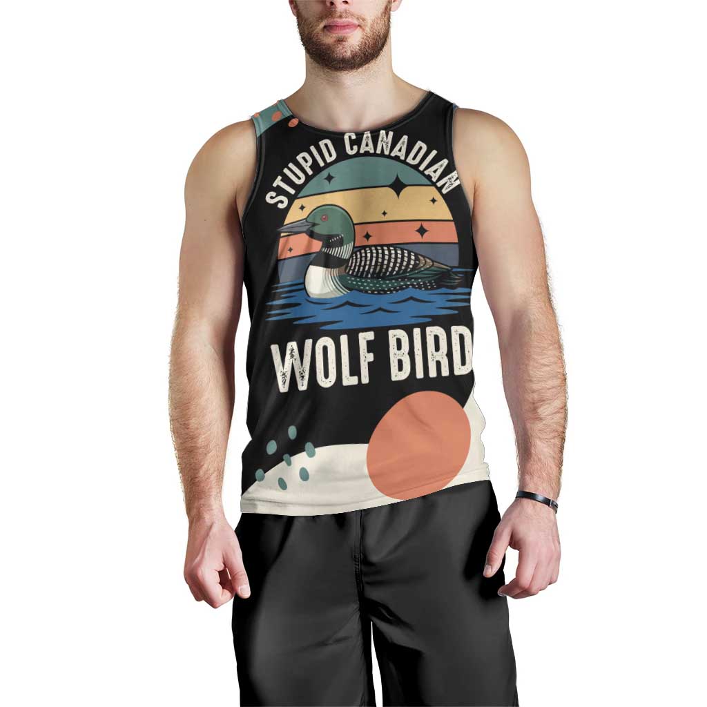 Stupid Canadian Wolf Bird Men Tank Top with Retro Sunset Stripe Pattern