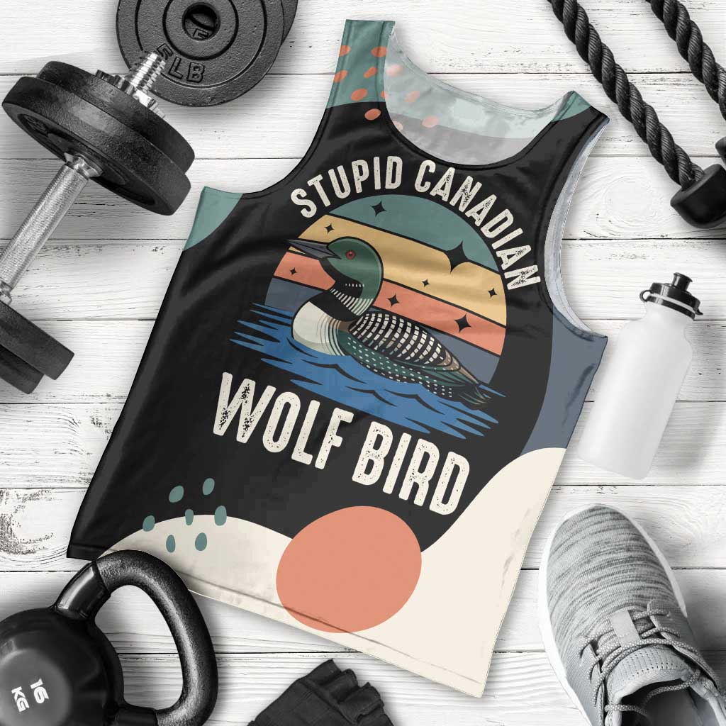 Stupid Canadian Wolf Bird Men Tank Top with Retro Sunset Stripe Pattern