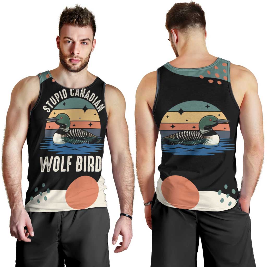 Stupid Canadian Wolf Bird Men Tank Top with Retro Sunset Stripe Pattern