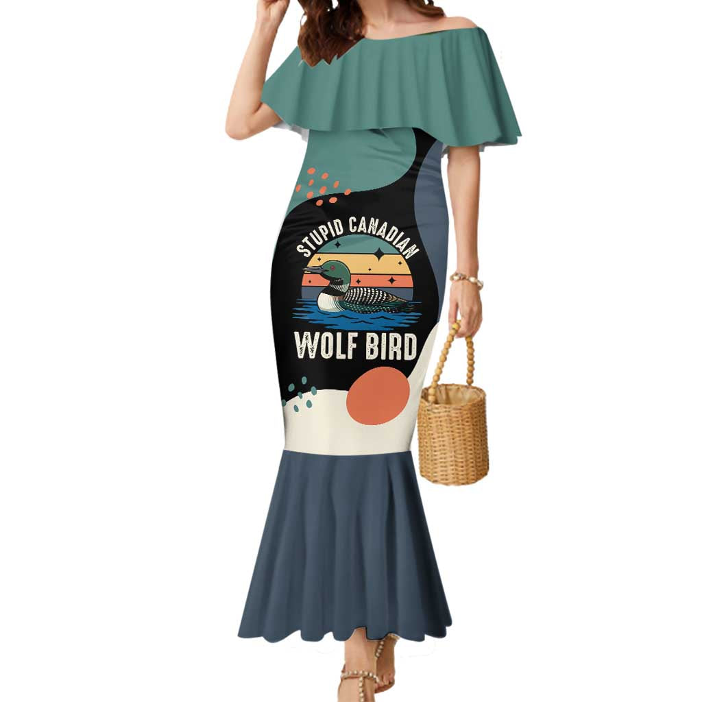 Stupid Canadian Wolf Bird Mermaid Dress with Retro Sunset Stripe Pattern